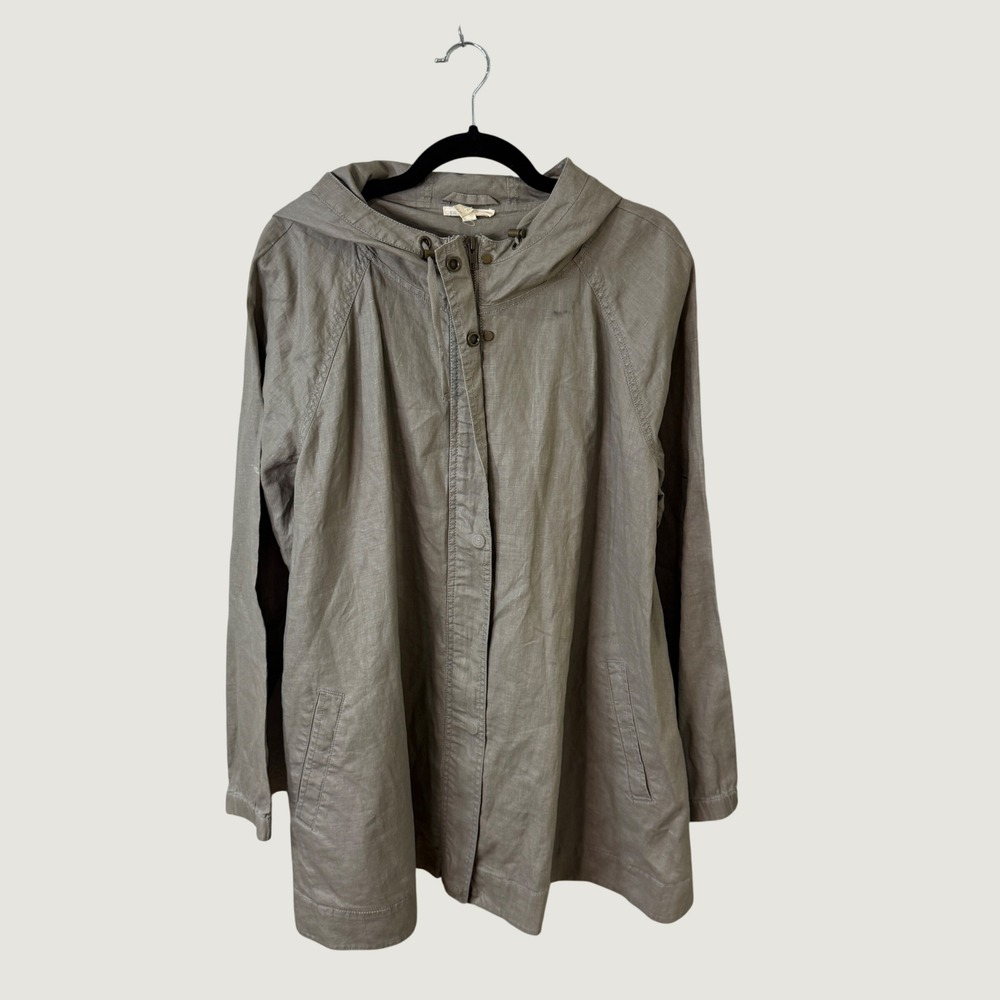 Eileen Fisher Linen Hooded Jacket Taupe Gray L Utility Minimalist Fall Layering